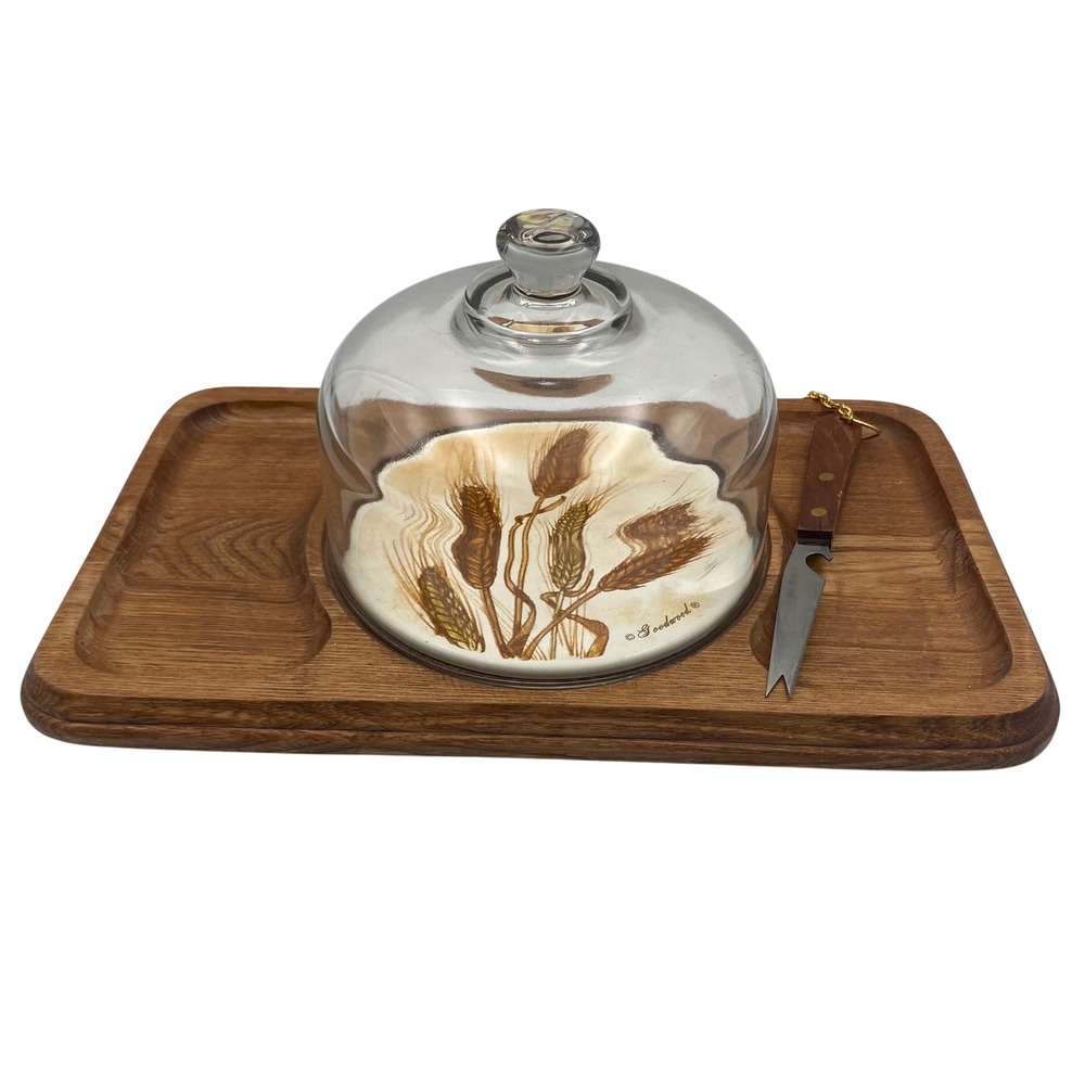 Vintage Goodwood Cheese Board Set Wood Tray Glass Dome Wheat Ceramic Inlay Knife